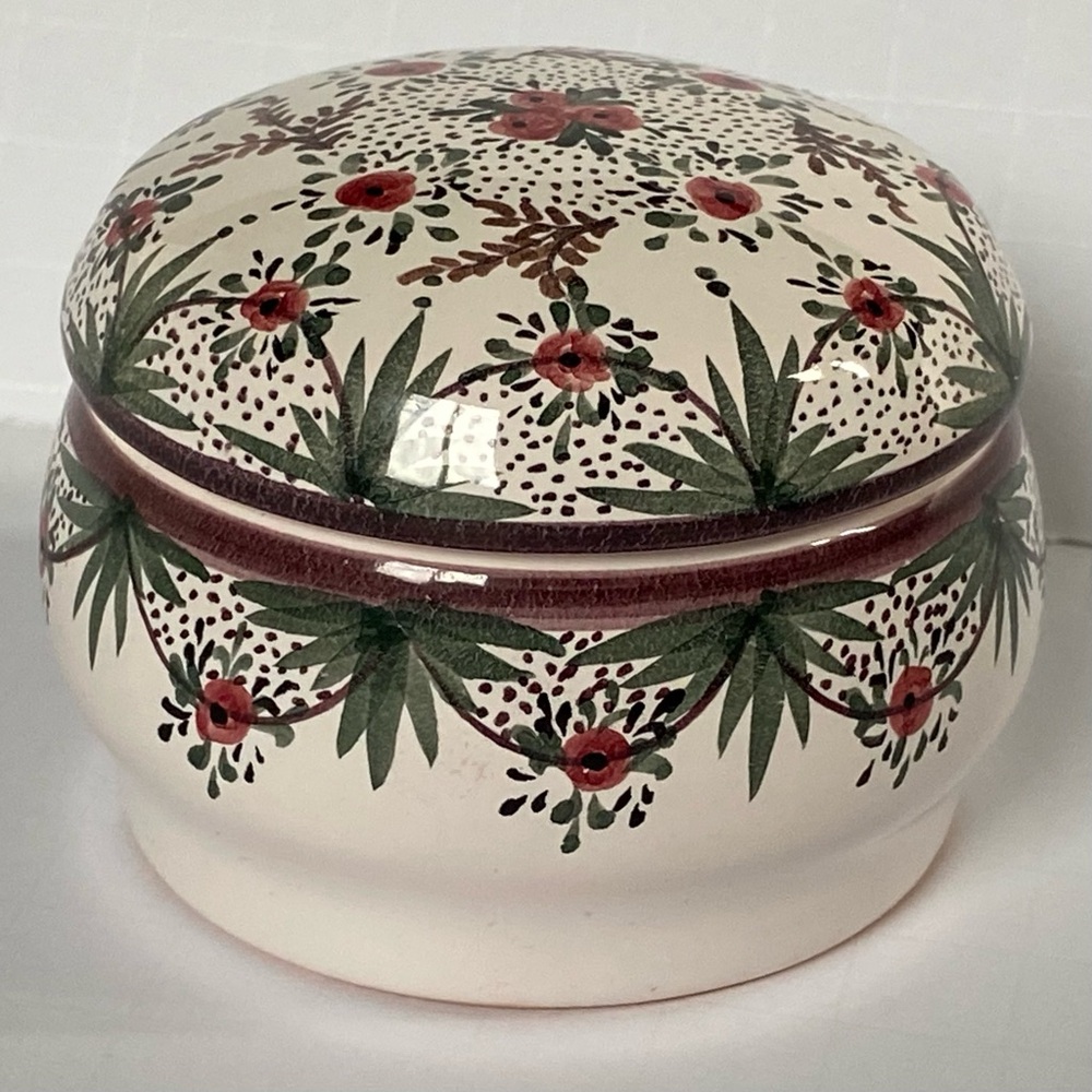 Pottery Trinket Dish With Lid Hand Painted White with Green and Burgundy Floral